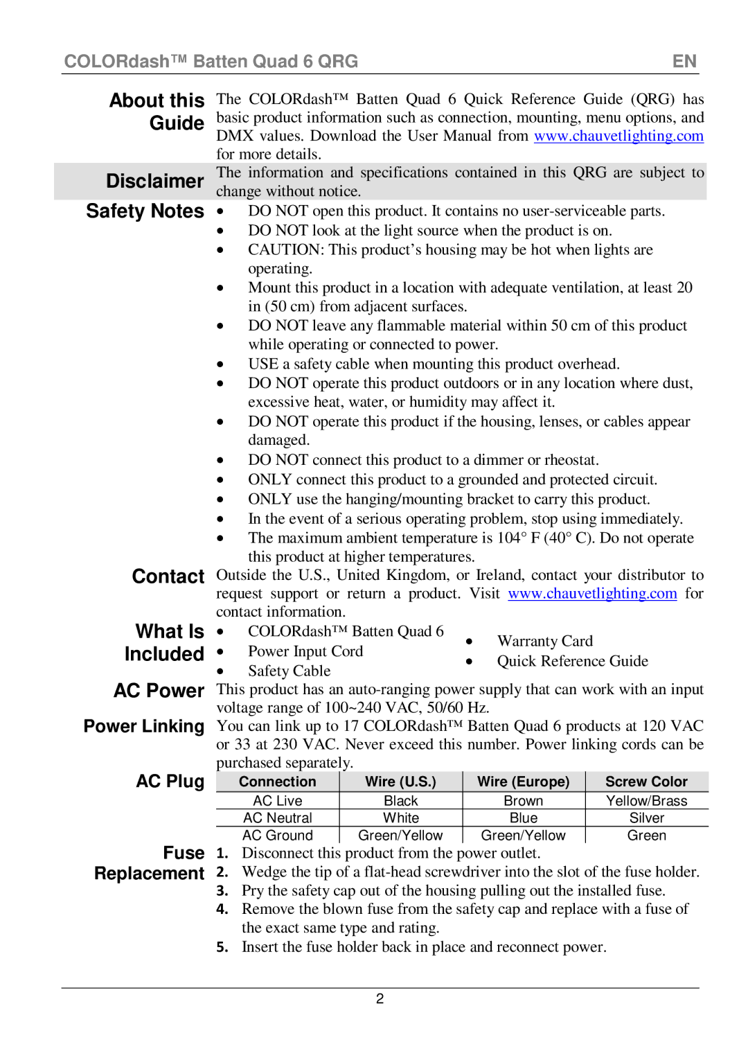 Chauvet Quad 6 manual Disclaimer Safety Notes Contact What Is Included AC Power, About this Guide 