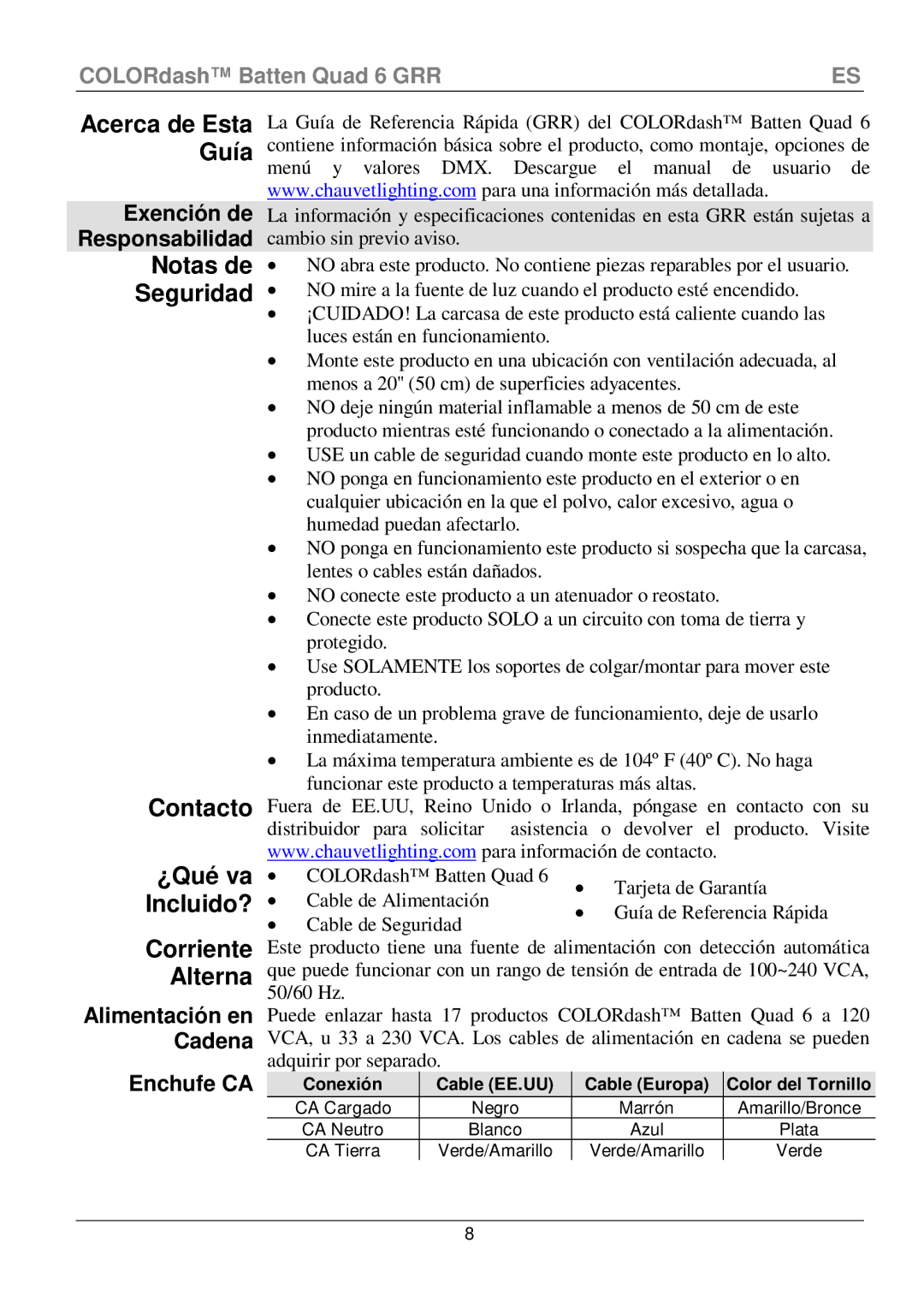 Chauvet Quad 6 manual Notas de Seguridad Contacto, Corriente Alterna, Exención de Responsabilidad, Enchufe CA 