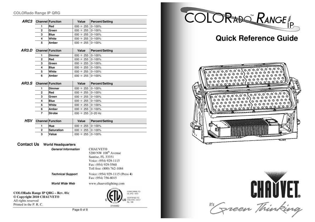 Chauvet Range manual Contact Us, ARC3, AR3.D, AR3.S, Hsv 