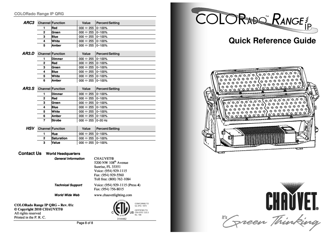 Chauvet manual Contact Us, ARC3, AR3.D, AR3.S, COLORado Range IP QRG - Rev. 01c, Copyright 2010 CHAUVET 