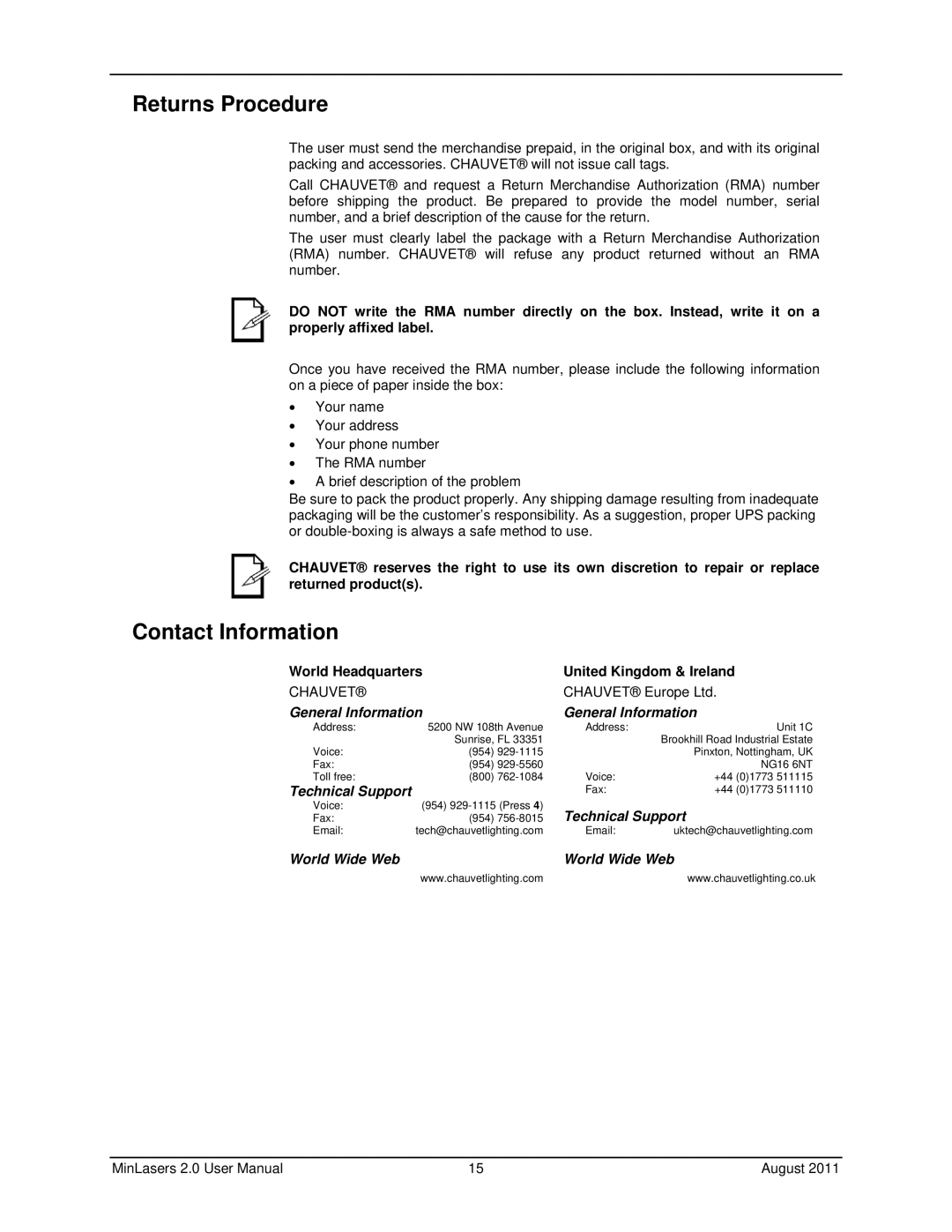 Chauvet FX 2.0, RGX 2.0 user manual Returns Procedure, General Information 