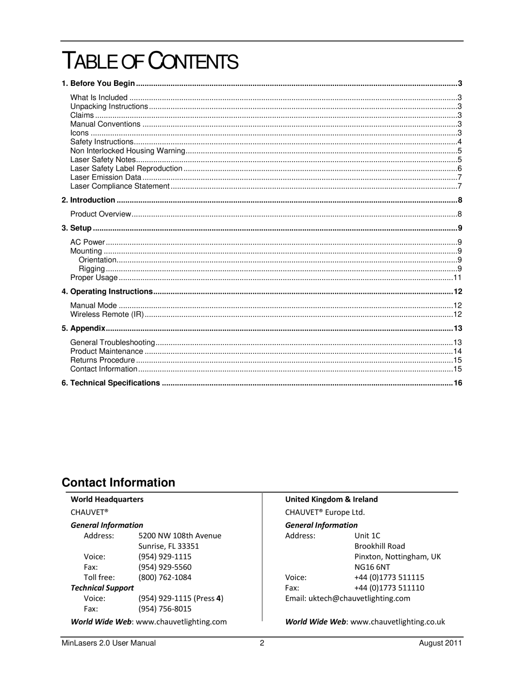 Chauvet RGX 2.0, FX 2.0 user manual Table of Contents 