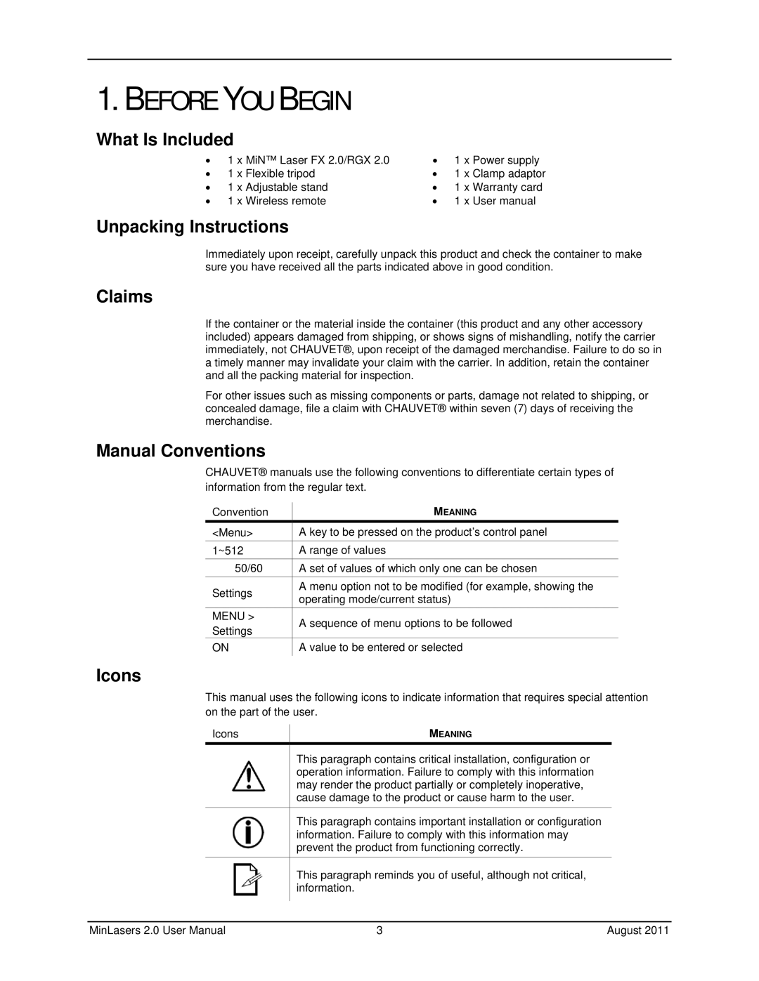 Chauvet FX 2.0, RGX 2.0 user manual Before YOU Begin 