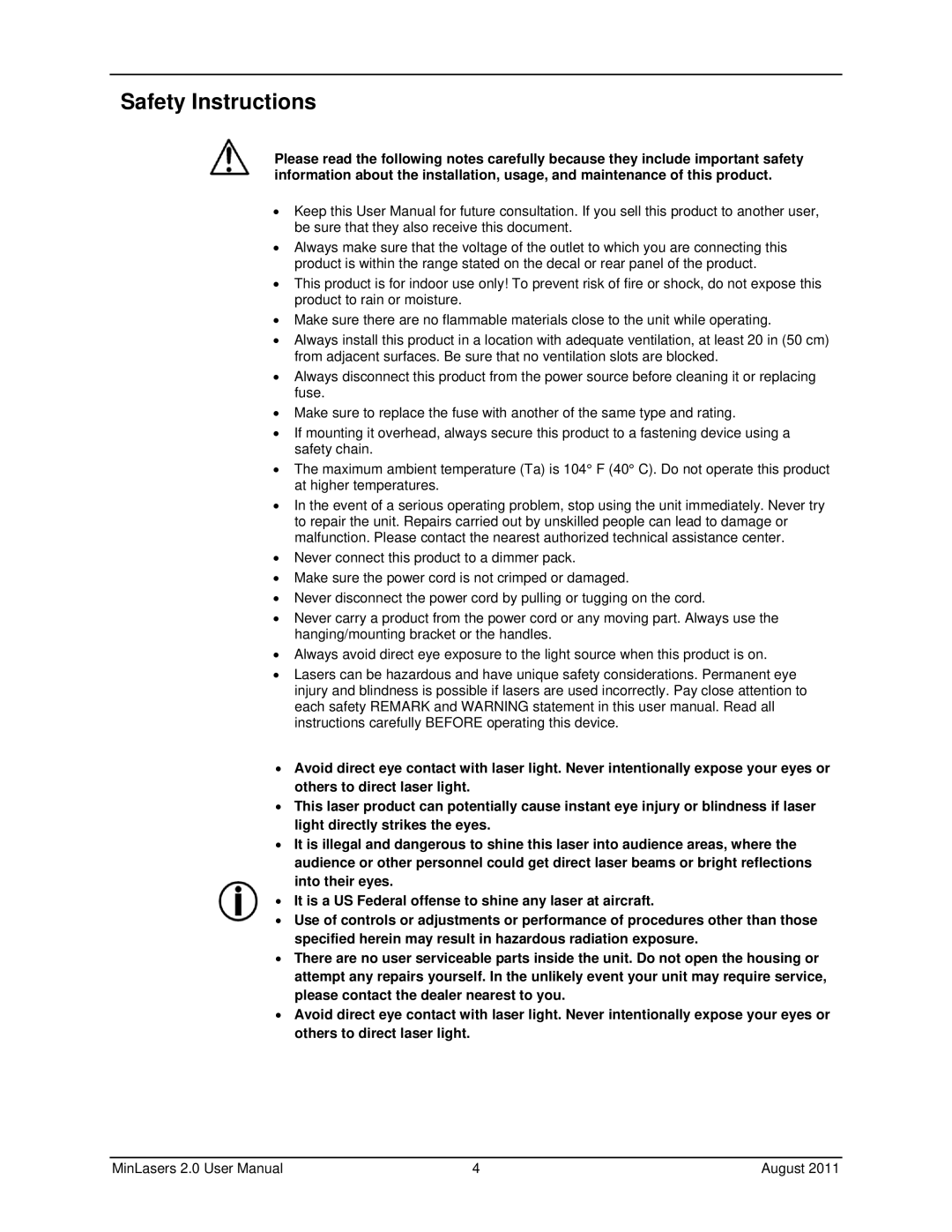 Chauvet RGX 2.0, FX 2.0 user manual Safety Instructions 