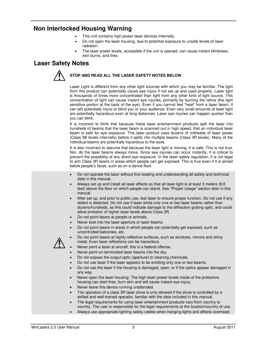 Chauvet FX 2.0, RGX 2.0 user manual Non Interlocked Housing Warning, Laser Safety Notes 