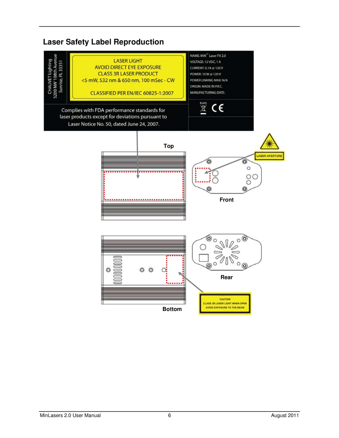 Chauvet RGX 2.0, FX 2.0 user manual Laser Safety Label Reproduction, Top Front Rear Bottom 