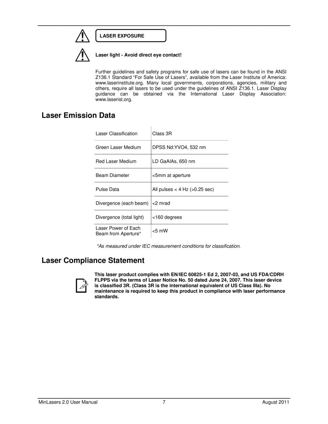 Chauvet FX 2.0, RGX 2.0 user manual Laser Emission Data, Laser Compliance Statement 