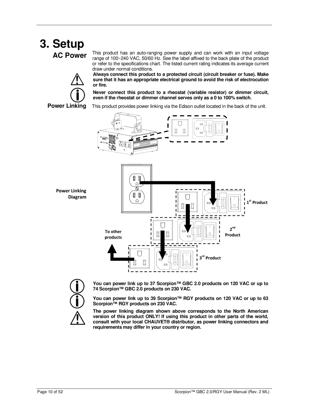 Chauvet RGY, GBC 2.0 user manual Setup, AC Power, Power Linking 