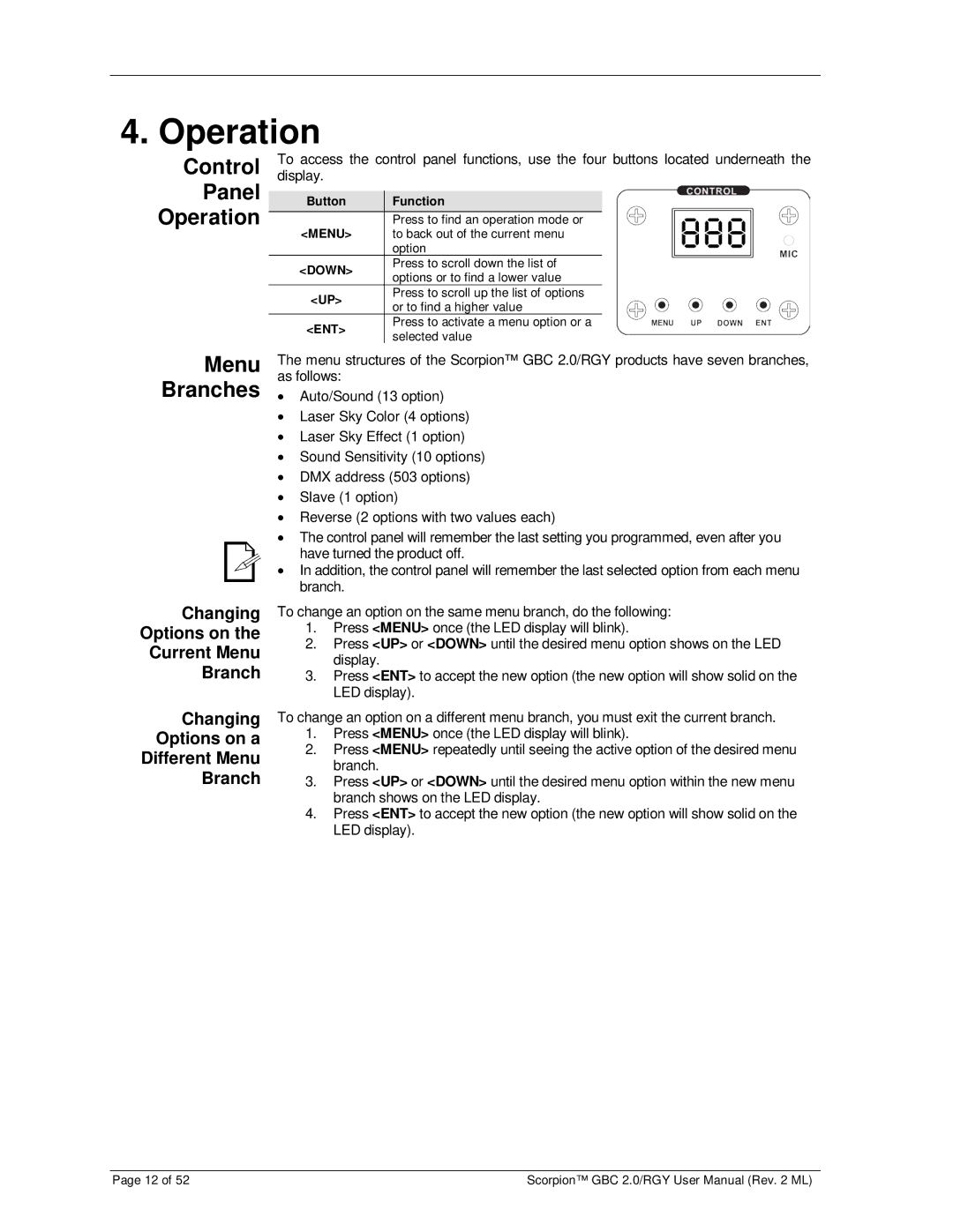 Chauvet RGY, GBC 2.0 user manual Control Panel Operation, Menu Branches, Button Function 