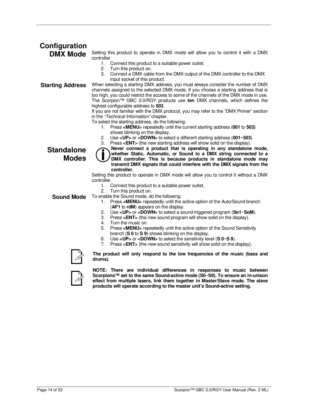 Chauvet RGY, GBC 2.0 user manual Standalone Modes, Configuration DMX Mode, Starting Address, Sound Mode 