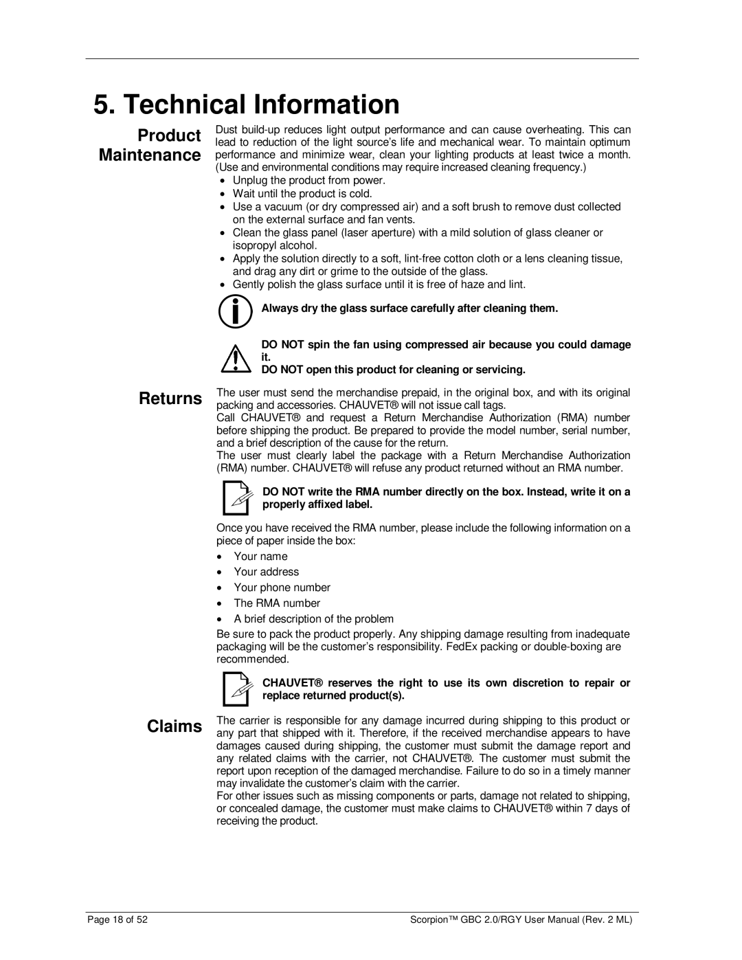 Chauvet RGY, GBC 2.0 user manual Technical Information, Returns Claims, Product Maintenance 