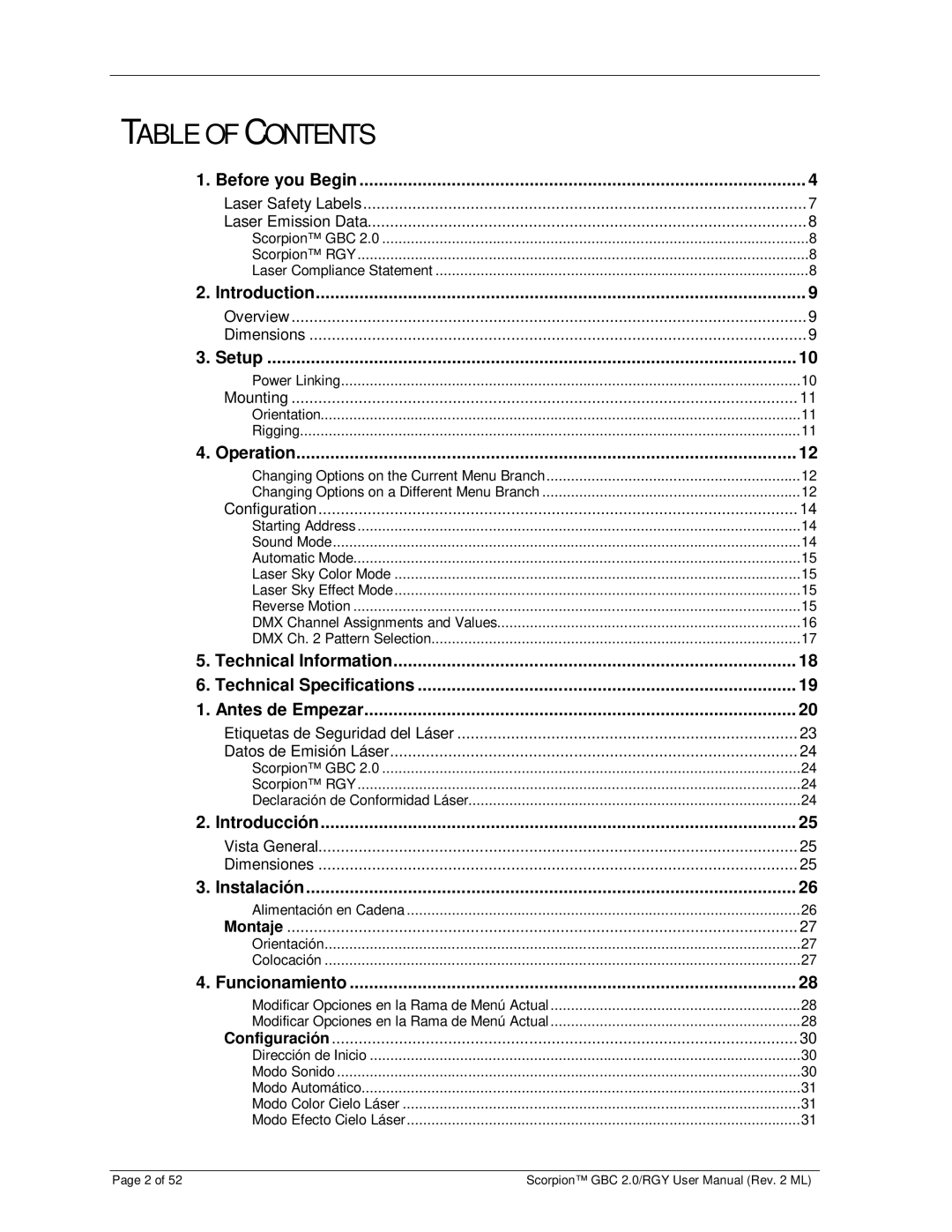 Chauvet RGY, GBC 2.0 user manual Table of Contents 