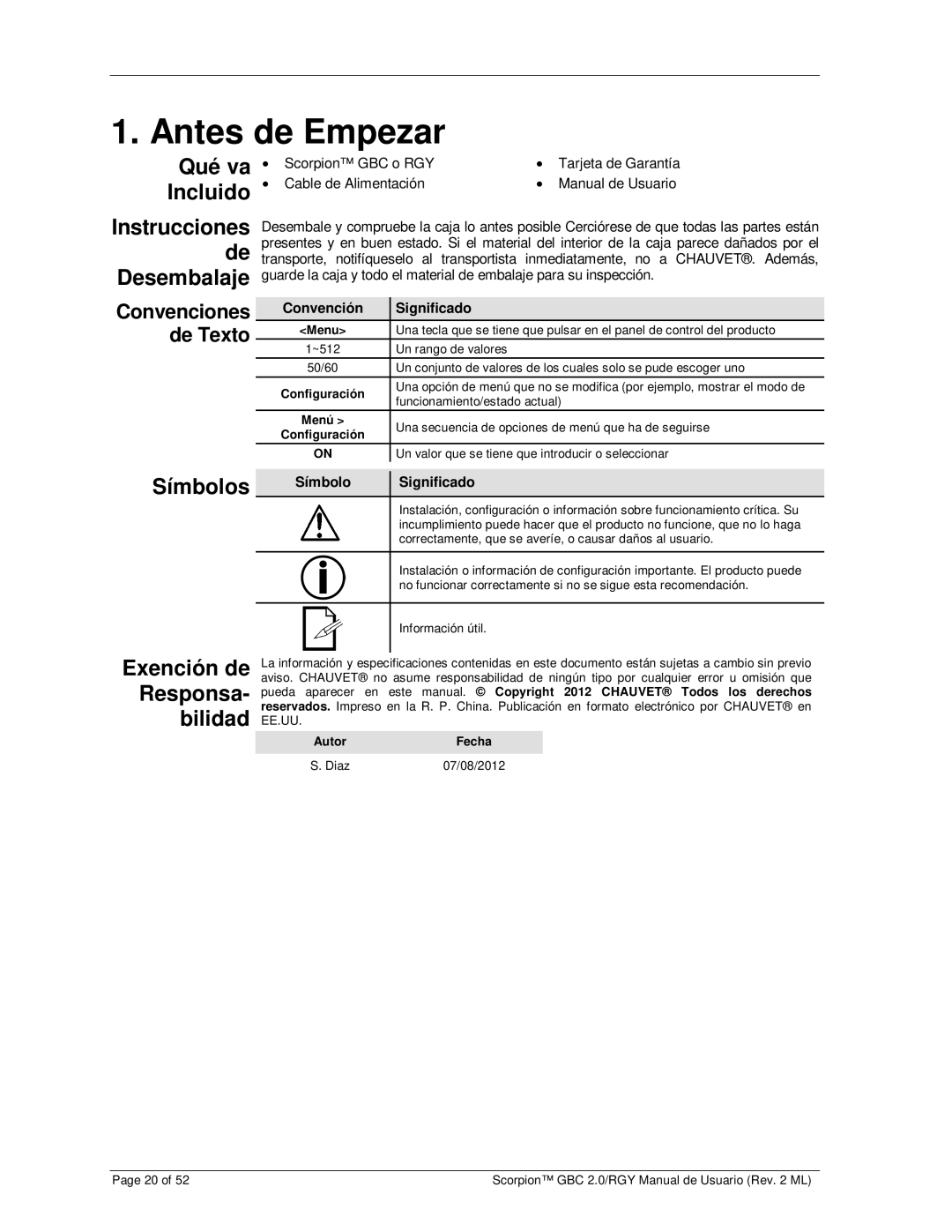 Chauvet RGY, GBC 2.0 user manual Antes de Empezar, Símbolos, Responsa, Bilidad 