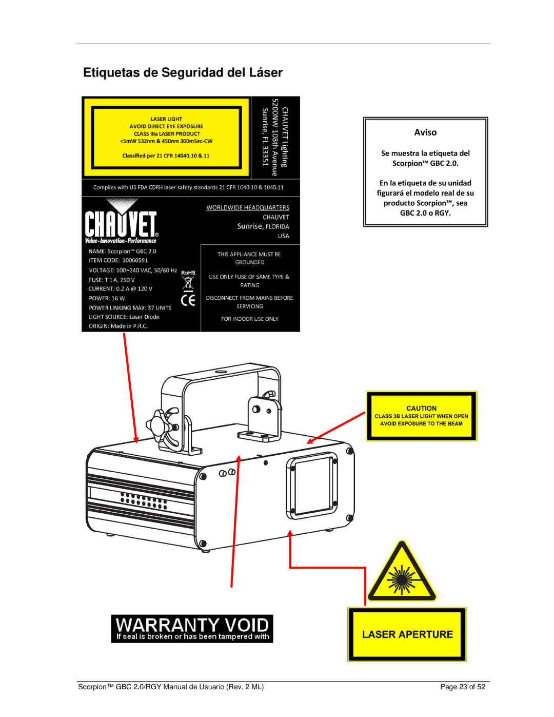 Chauvet GBC 2.0, RGY user manual Etiquetas de Seguridad del Láser, Aviso 