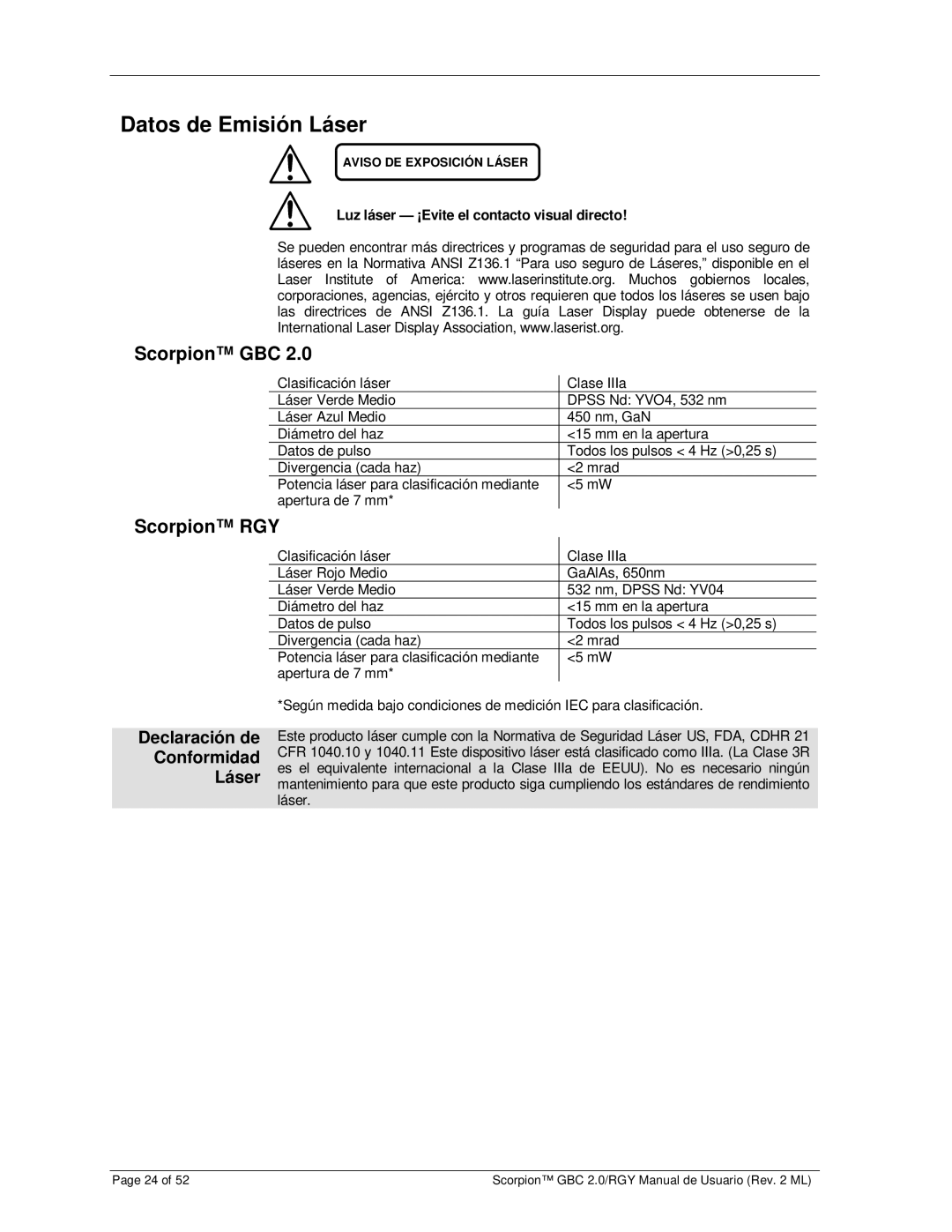 Chauvet RGY, GBC 2.0 Datos de Emisión Láser, Declaración de Conformidad Láser, Luz láser ¡Evite el contacto visual directo 