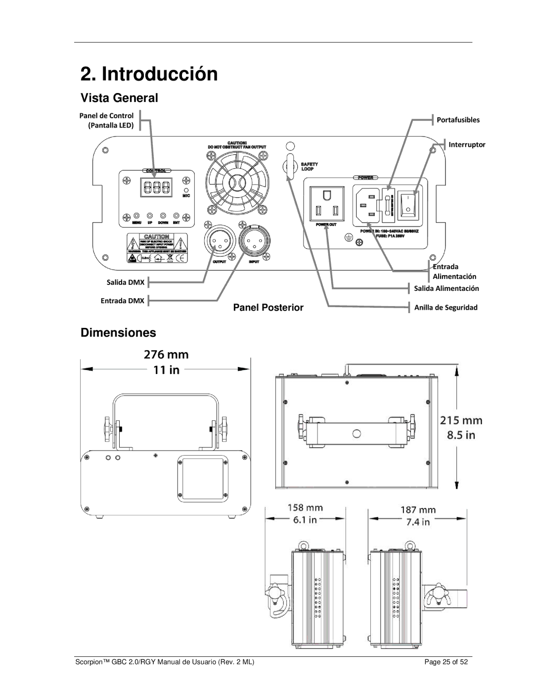 Chauvet GBC 2.0, RGY user manual Introducción, Vista General, Dimensiones, Panel Posterior 