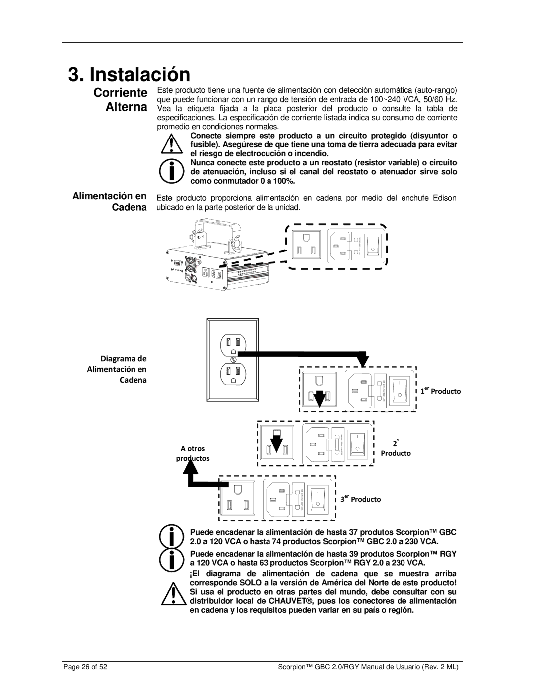 Chauvet RGY, GBC 2.0 user manual Instalación, Corriente Alterna, Alimentación en Cadena 