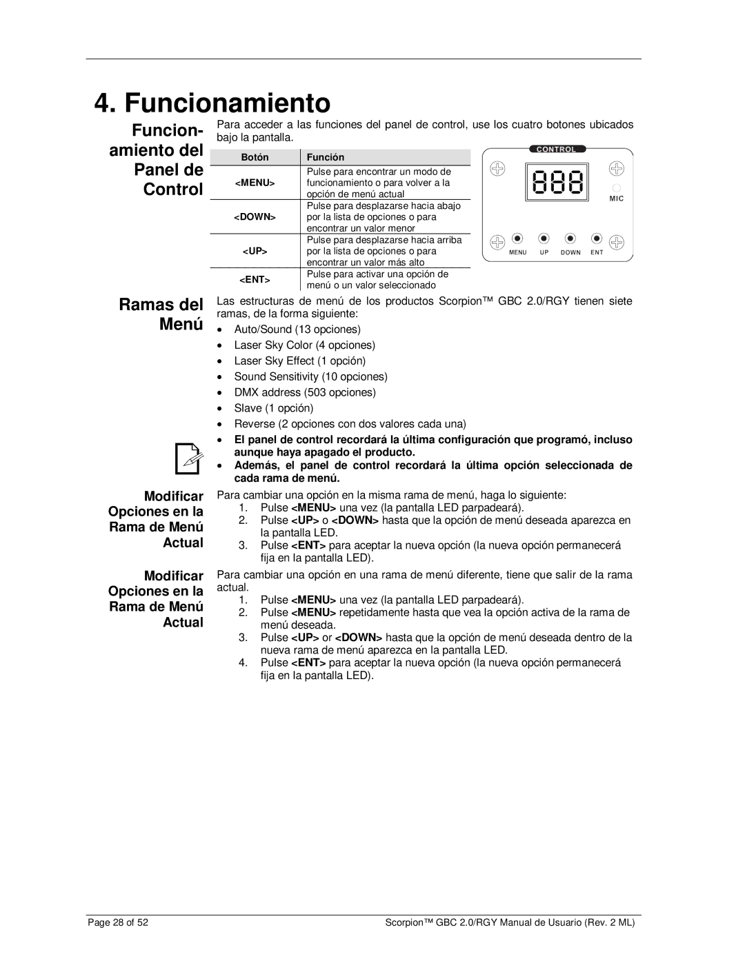 Chauvet RGY, GBC 2.0 user manual Funcionamiento, Funcion- amiento del Panel de Control, Ramas del Menú, Botón Función 