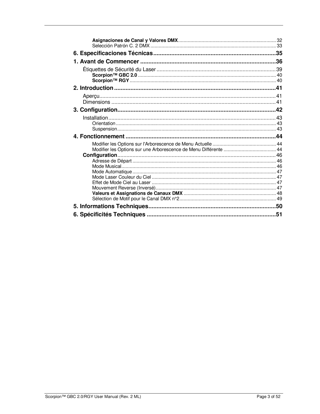 Chauvet GBC 2.0, RGY user manual Especificaciones Técnicas Avant de Commencer, Configuration, Fonctionnement 