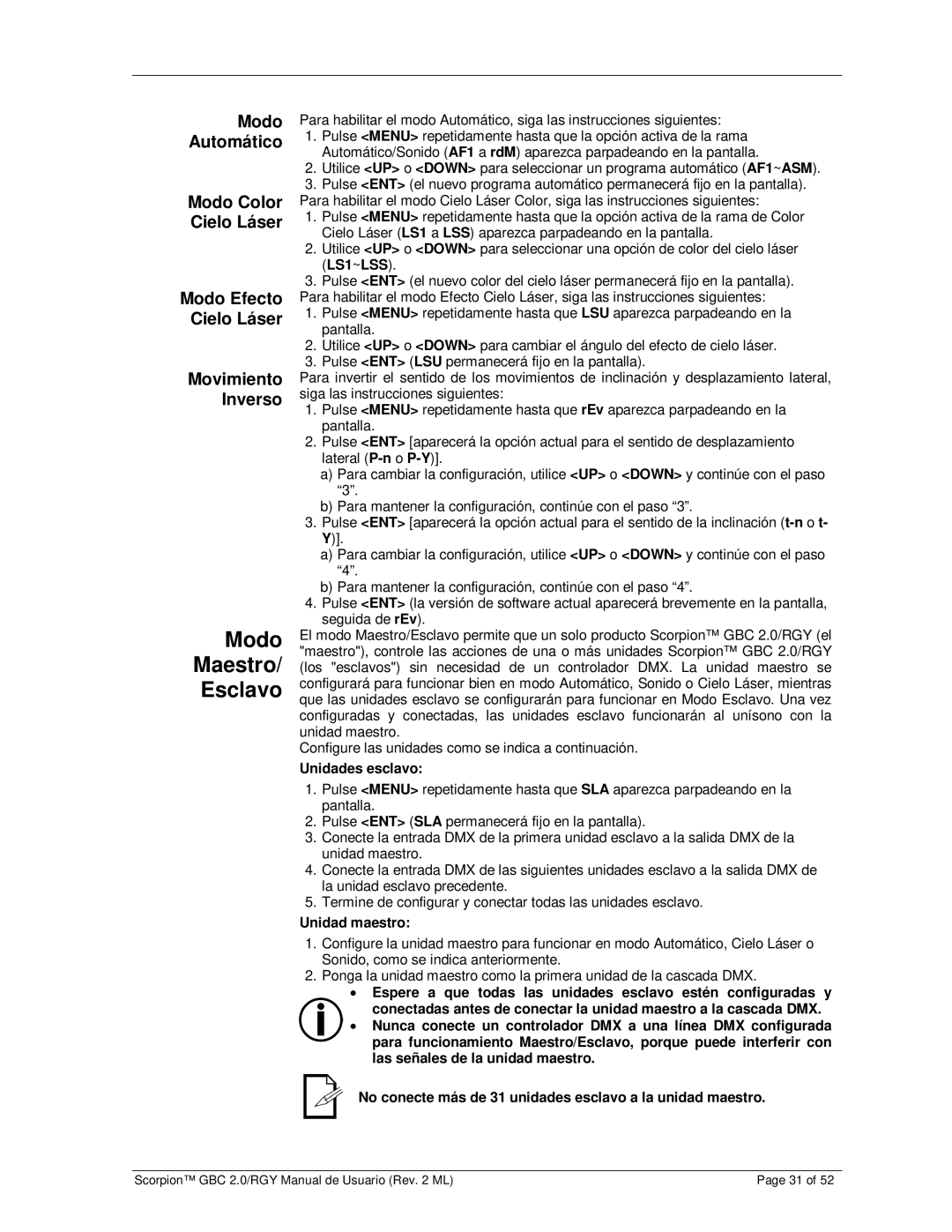 Chauvet GBC 2.0, RGY user manual Modo Maestro Esclavo, Unidades esclavo, Unidad maestro 