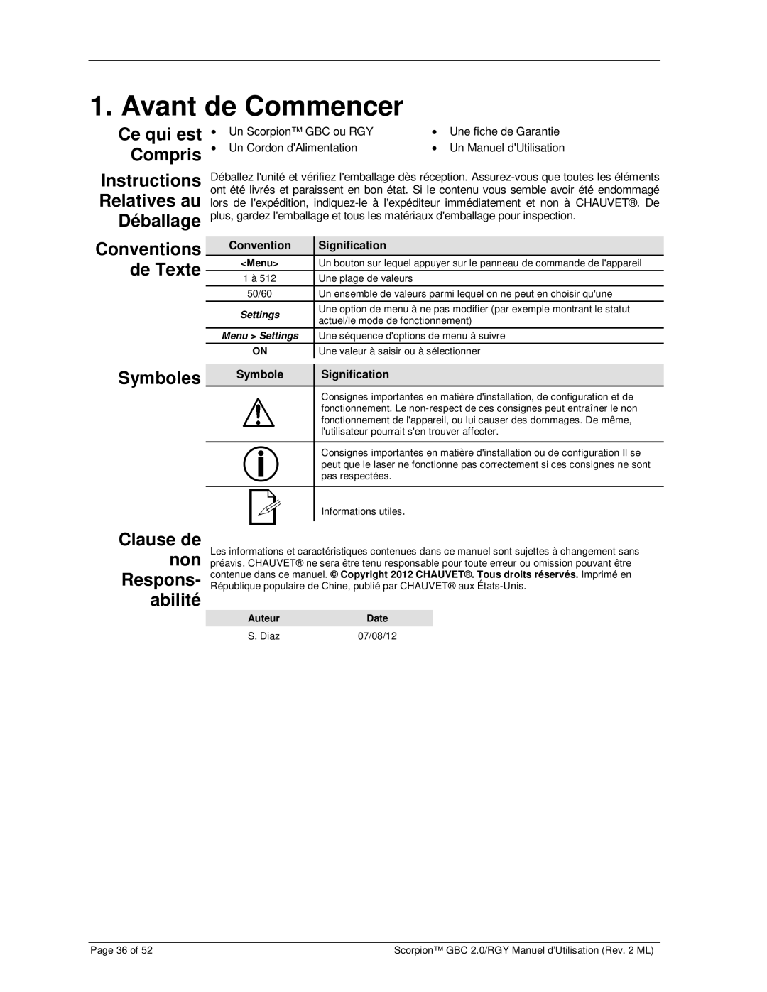 Chauvet RGY, GBC 2.0 user manual Avant de Commencer, Symboles, Clause de non Respons- abilité, Ce qui est Compris 