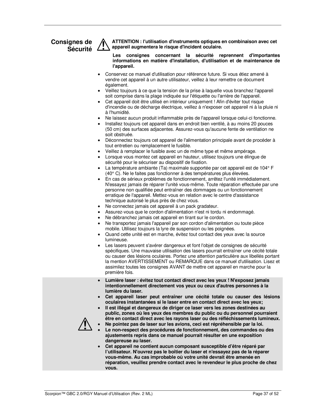 Chauvet GBC 2.0, RGY user manual Consignes de Sécurité 