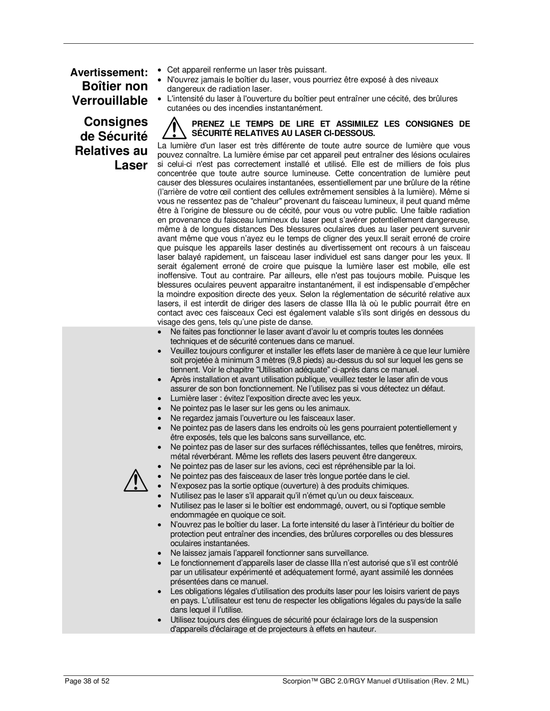 Chauvet RGY, GBC 2.0 user manual Consignes de Sécurité Relatives au Laser, Boîtier non Verrouillable, Avertissement 