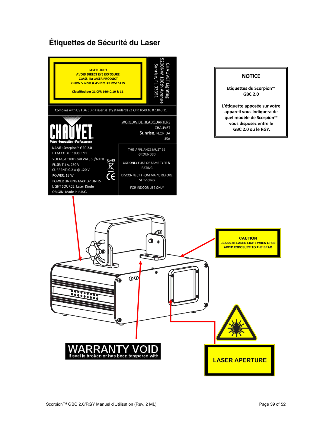 Chauvet GBC 2.0, RGY user manual Étiquettes de Sécurité du Laser 