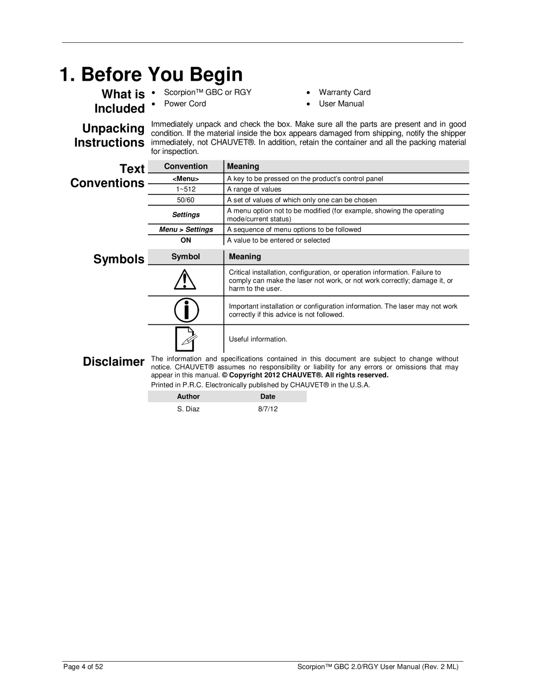 Chauvet RGY, GBC 2.0 user manual Before You Begin, Symbols Disclaimer, What is Included, Unpacking Instructions 