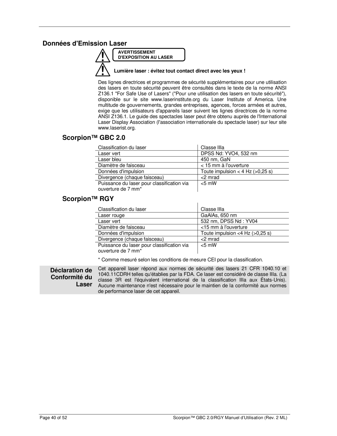 Chauvet RGY, GBC 2.0 user manual Données dEmission Laser, Déclaration de Conformité du Laser 