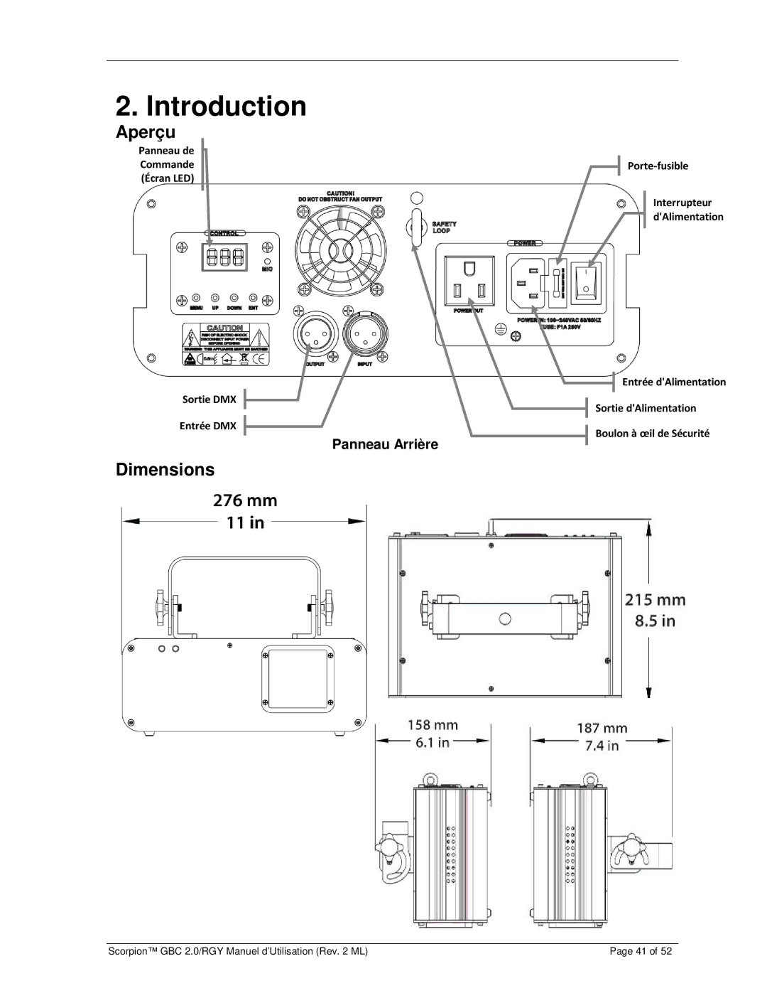 Chauvet GBC 2.0, RGY user manual Aperçu, Panneau Arrière 