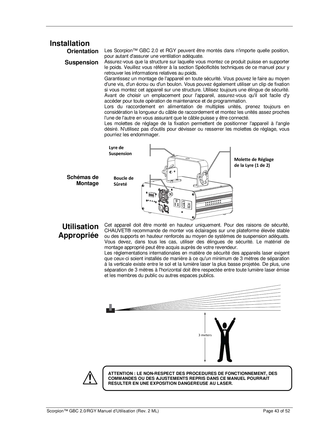 Chauvet GBC 2.0, RGY user manual Installation, Utilisation Appropriée, Orientation Suspension 