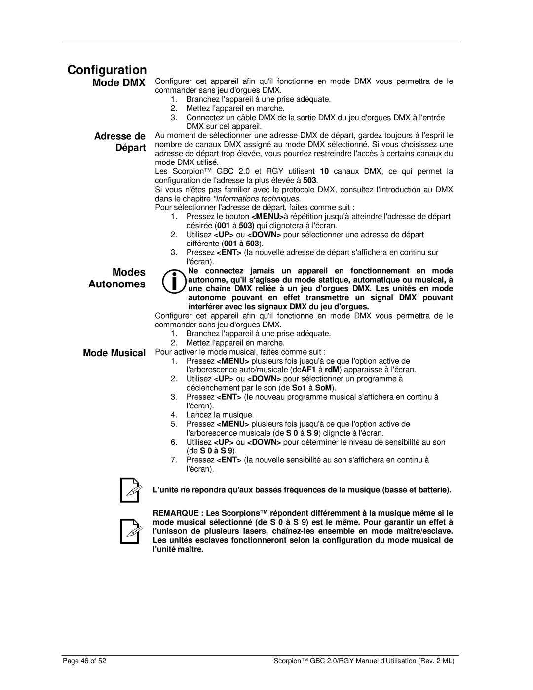 Chauvet RGY, GBC 2.0 user manual Configuration, Mode DMX, Modes Autonomes, Adresse de Départ, Mode Musical 