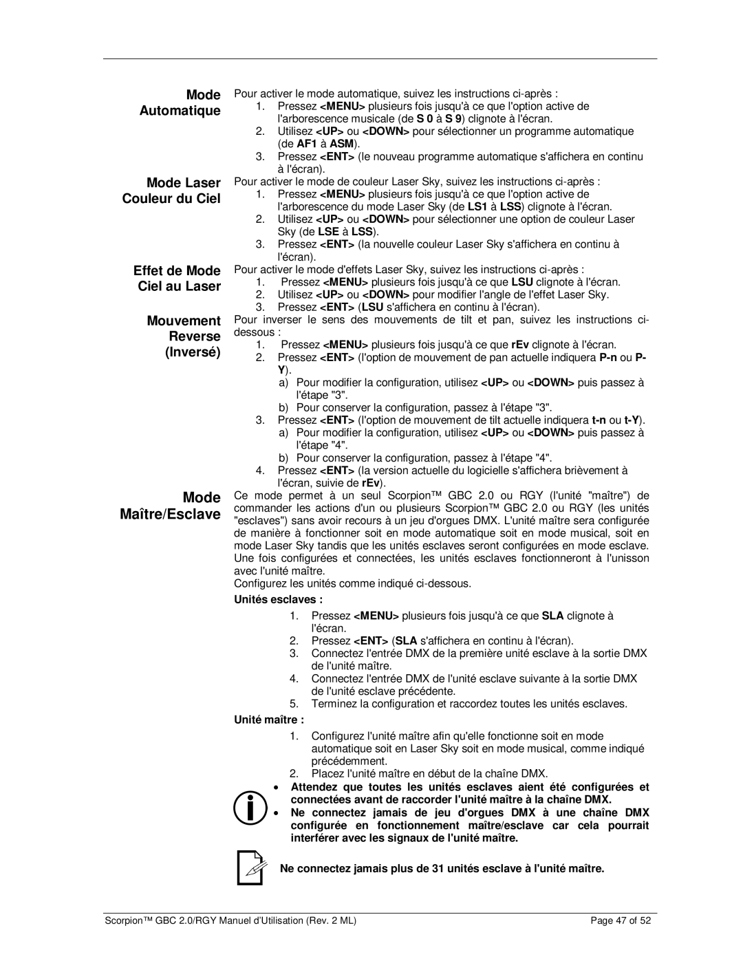 Chauvet GBC 2.0, RGY user manual Mode Maître/Esclave, Mode Automatique, Unités esclaves, Unité maître 