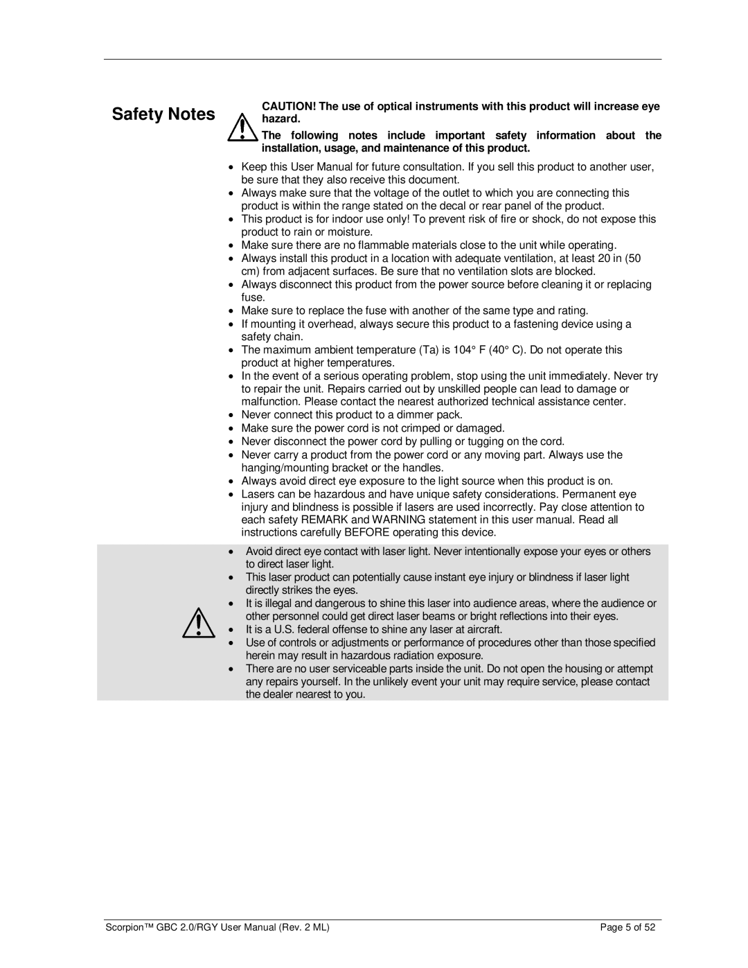 Chauvet GBC 2.0, RGY user manual Safety Notes 