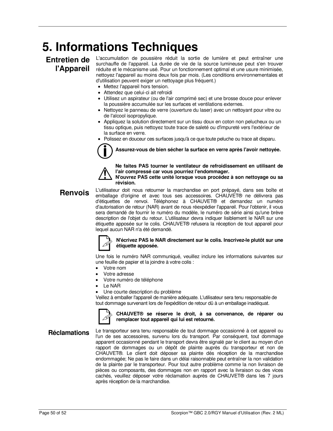 Chauvet RGY, GBC 2.0 user manual Informations Techniques, Renvois, Entretien de lAppareil, Réclamations 