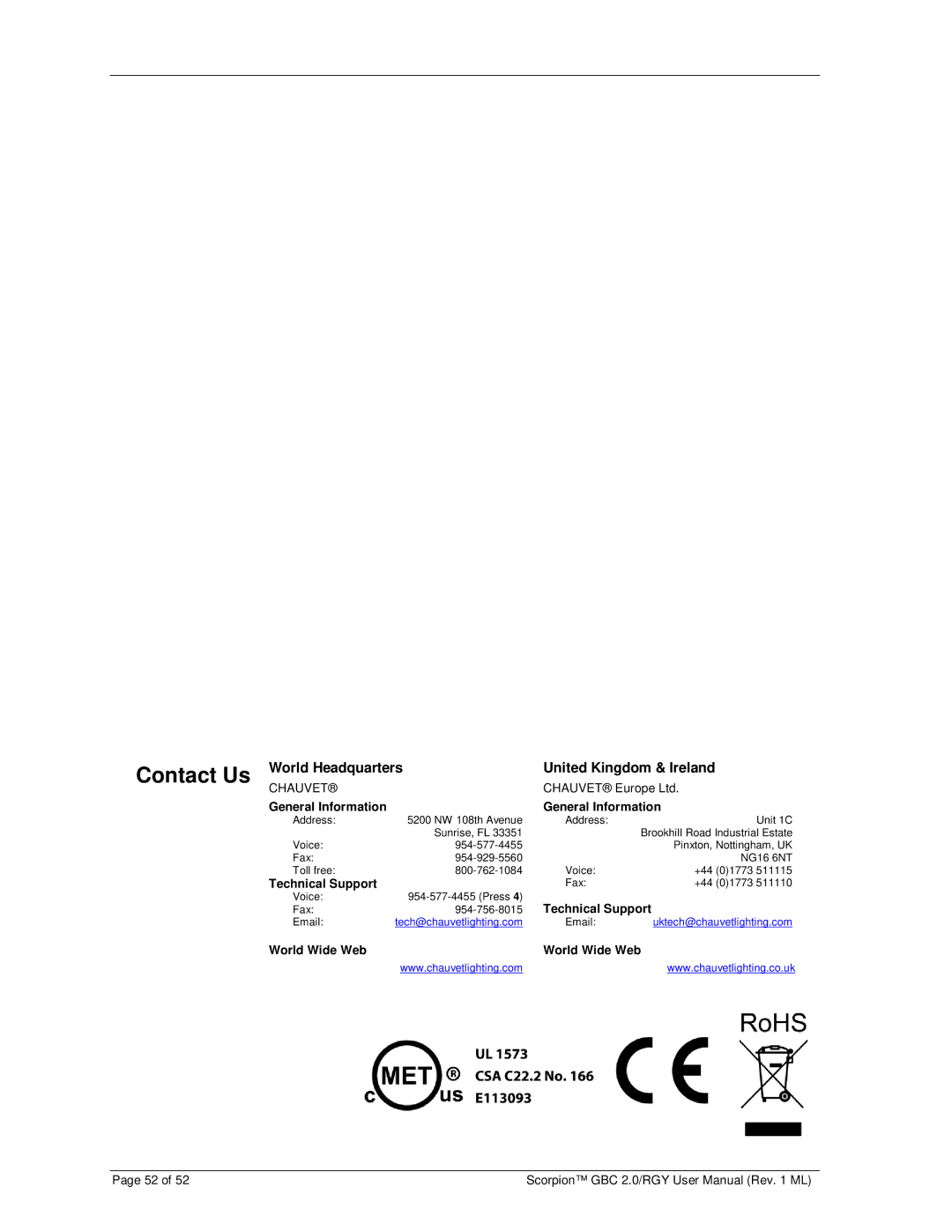 Chauvet RGY, GBC 2.0 Contact Us, World Headquarters United Kingdom & Ireland, General Information, Technical Support 