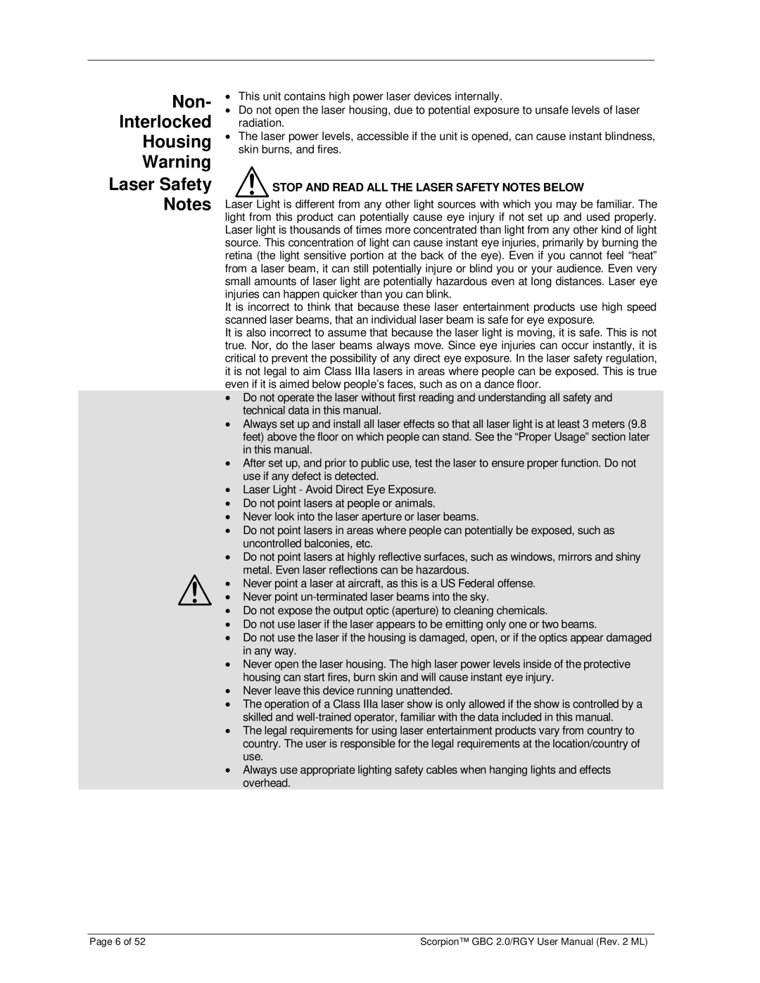 Chauvet RGY, GBC 2.0 user manual Non Interlocked Housing Laser Safety, Stop and Read ALL the Laser Safety Notes below 