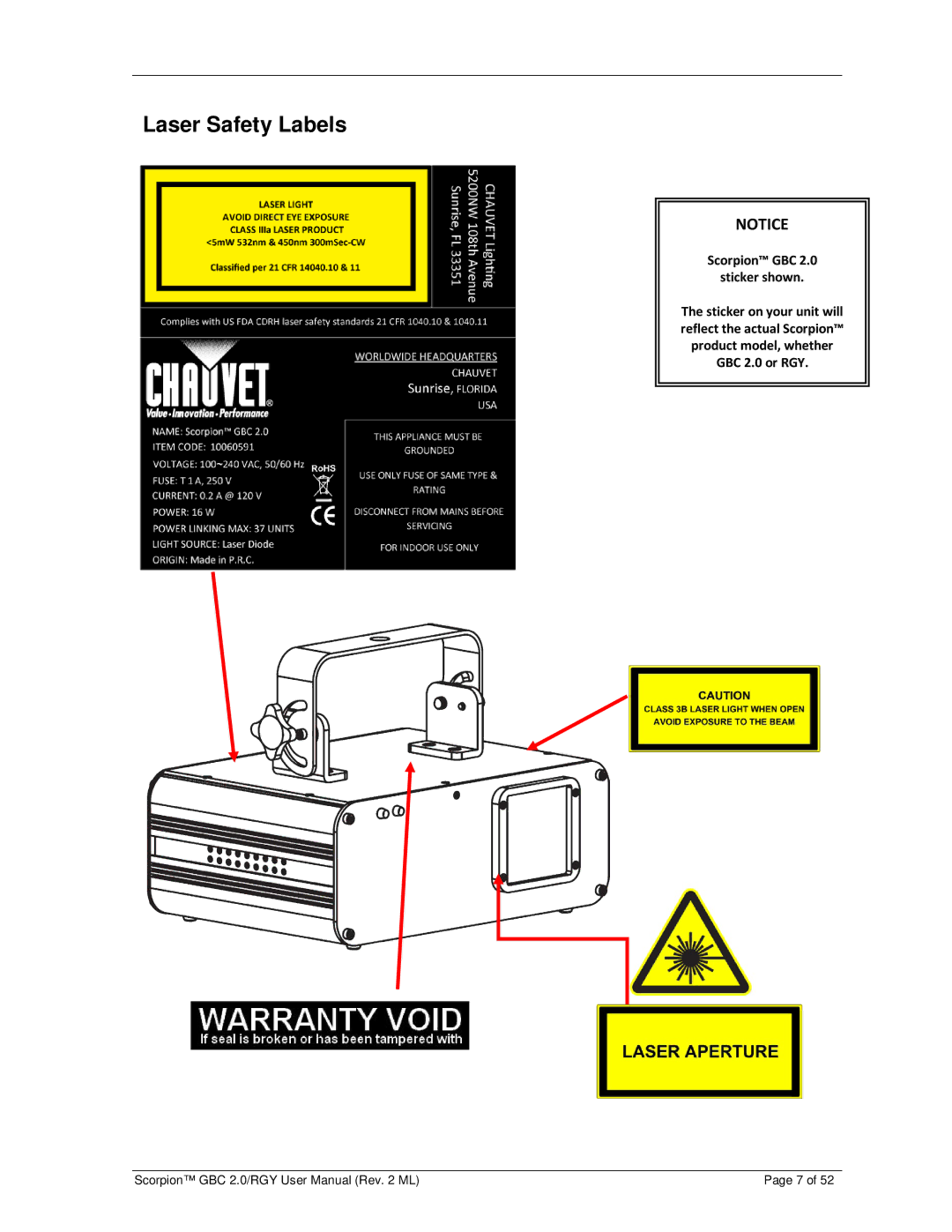 Chauvet GBC 2.0, RGY user manual Laser Safety Labels 