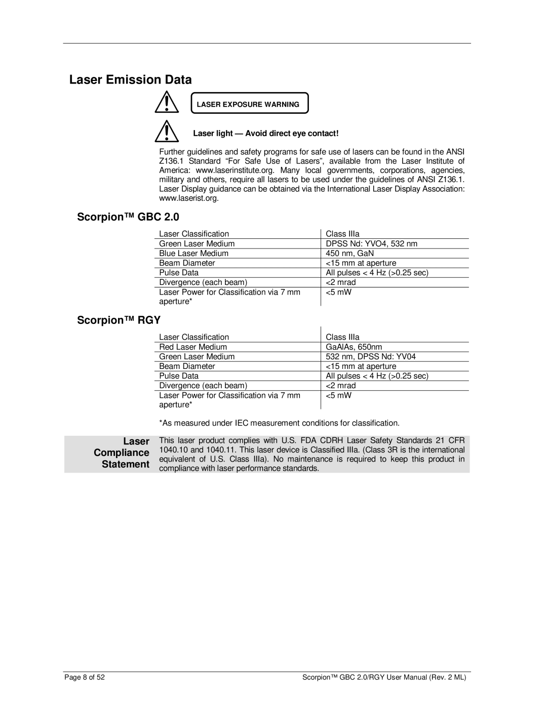 Chauvet GBC 2.0 user manual Laser Emission Data, Scorpion GBC, Scorpion RGY, Laser Compliance Statement 