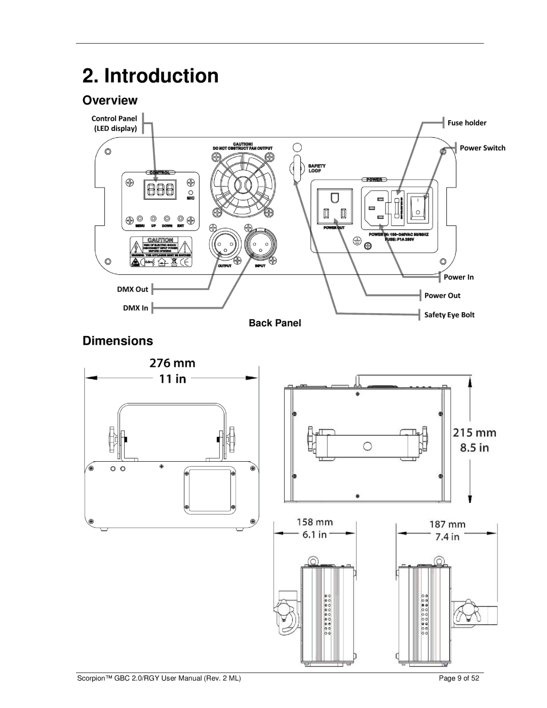 Chauvet GBC 2.0, RGY user manual Introduction, Overview, Dimensions, Back Panel 