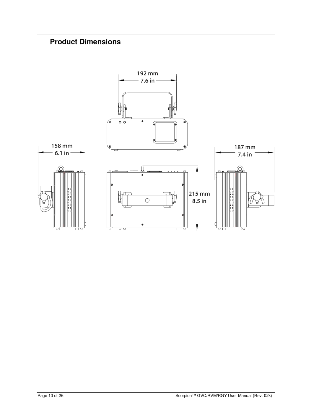 Chauvet GVC, RGY, RVM user manual Product Dimensions 