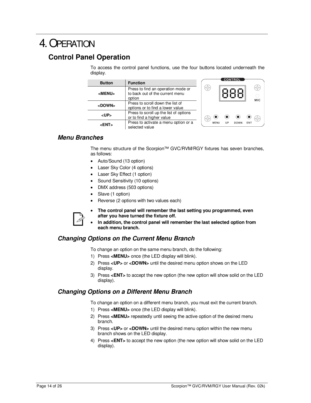 Chauvet RVM, RGY, GVC user manual Control Panel Operation, Menu Branches, Changing Options on the Current Menu Branch 