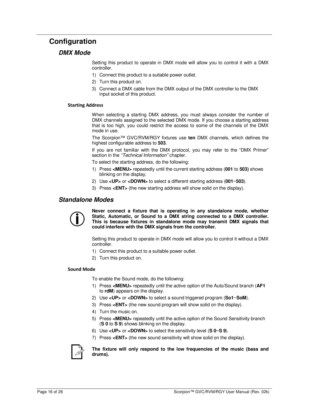 Chauvet GVC, RGY, RVM user manual Configuration, DMX Mode, Standalone Modes, Starting Address, Sound Mode 