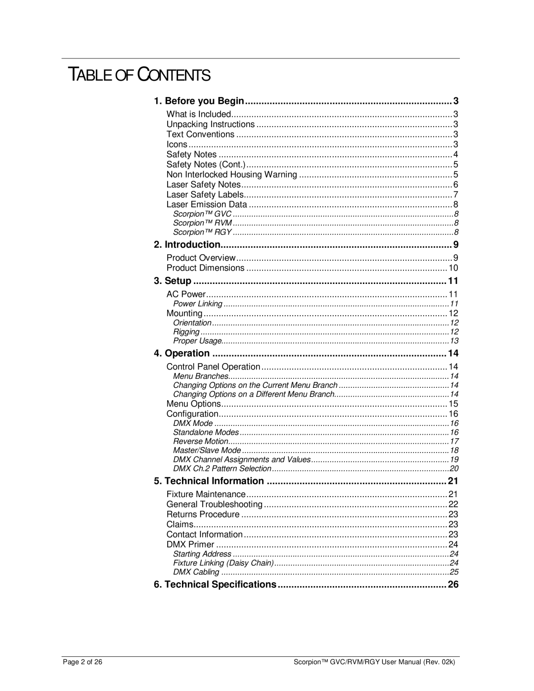 Chauvet RVM, RGY, GVC user manual Table of Contents 