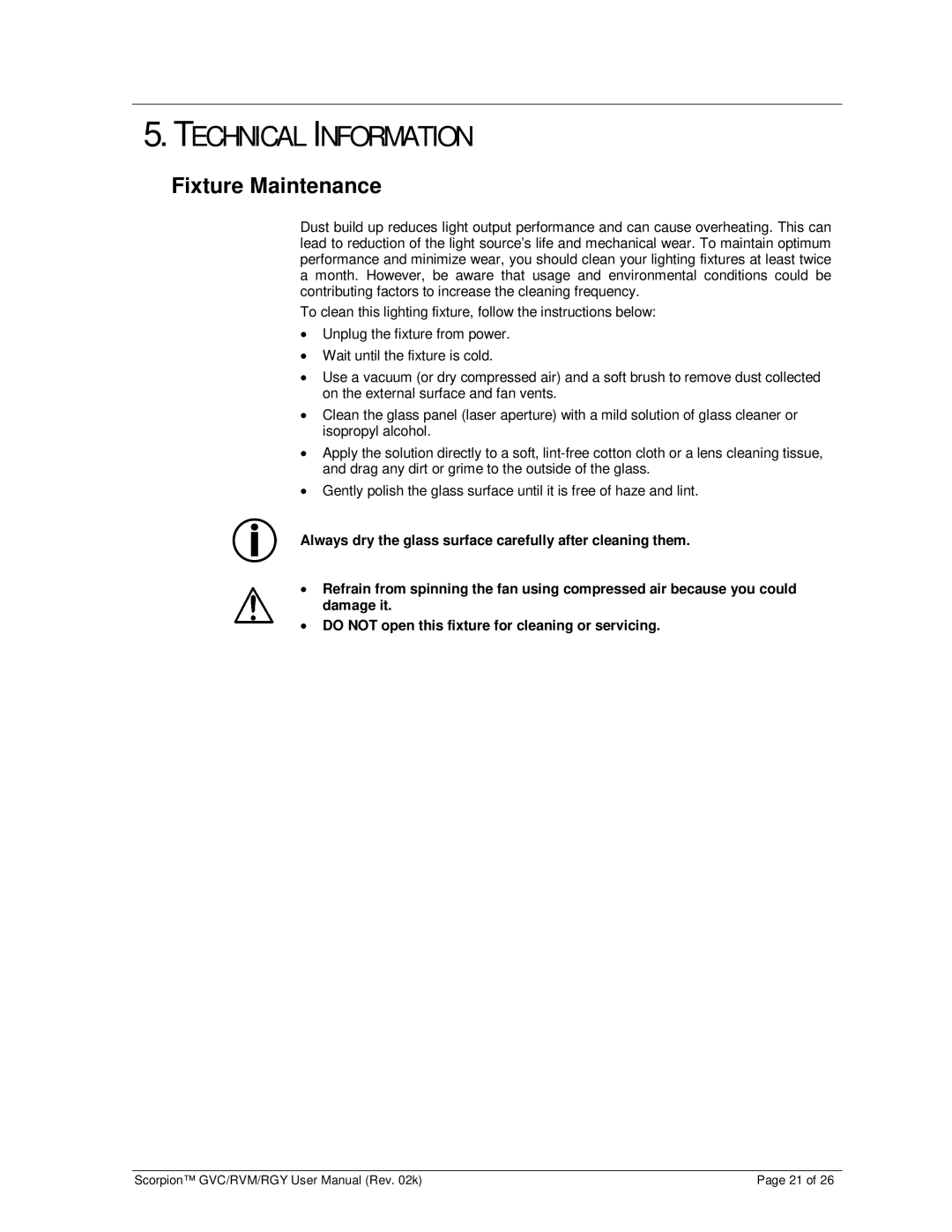 Chauvet RGY, GVC, RVM user manual Technical Information, Fixture Maintenance 