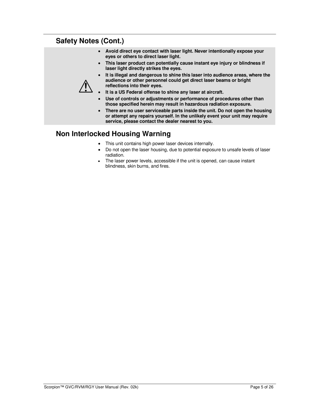 Chauvet RVM, RGY, GVC user manual Non Interlocked Housing Warning 