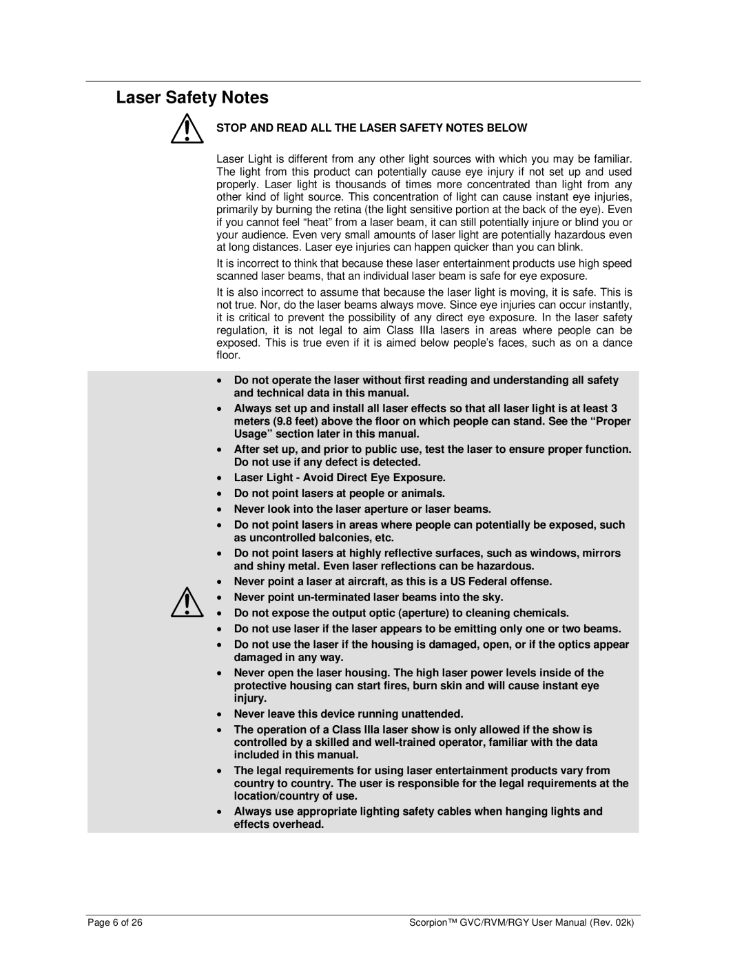 Chauvet RGY, GVC, RVM user manual Stop and Read ALL the Laser Safety Notes below 