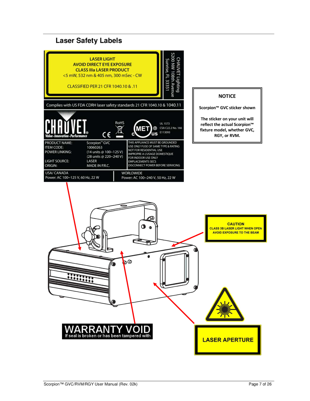 Chauvet GVC, RGY, RVM user manual Laser Safety Labels 