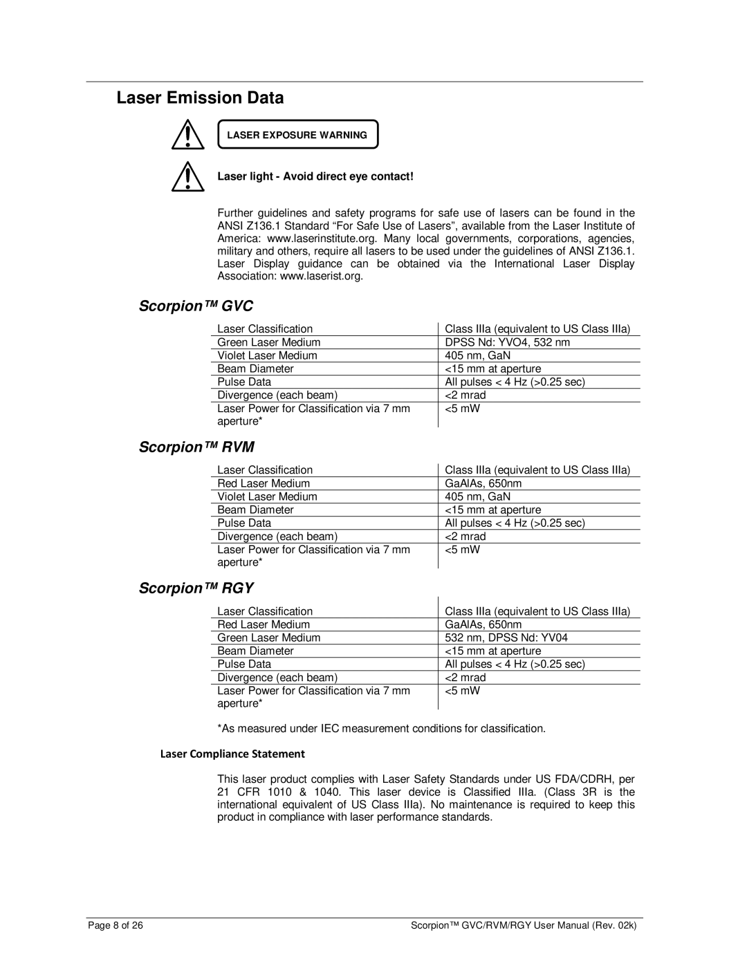 Chauvet user manual Laser Emission Data, Scorpion GVC, Scorpion RVM, Scorpion RGY, Laser Compliance Statement 